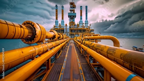 Pipework and exhaust stack at offshore oil and gas central processing platform.  photo