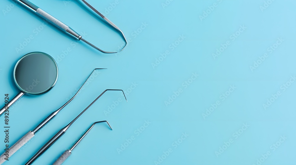 Fototapeta premium Tooth and dental instruments on blue background. Dental treatment. Dentist tools mirror, hook, tweezers, syringe. Copy space for text. 