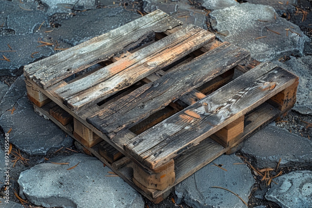 A wooden pallet perched atop a pile of rocks, with a natural setting A wooden pallet perched atop a pile of rocks, with a natural setting
