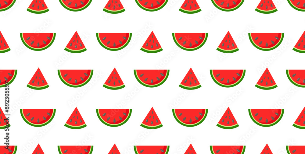 Seamless pattern with slices and slices of watermelon in flat style on white background. For fabric design, wrapping paper, packaging, background. Vector graphics Seamless pattern with slices and slices of watermelon in flat style on white background. For fabric design, wrapping paper, packaging, background. Vector graphics