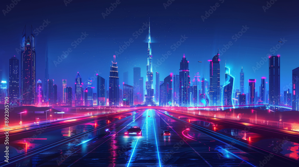 Fototapeta premium city of dubai and high technology circuit lines and futuristic on the city of dubai