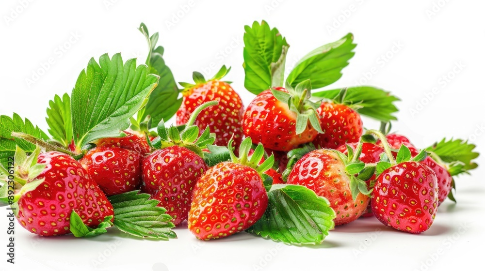 Green and red strawberries in greenhouse on white backdrop