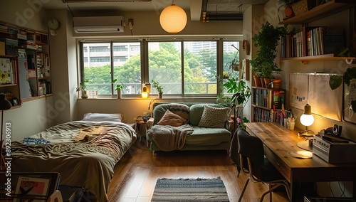 Aesthetic and cozy student dorm room with wooden floor, large window view, bed, desk, small sofa, bookshelf, plants, and warm lighting.