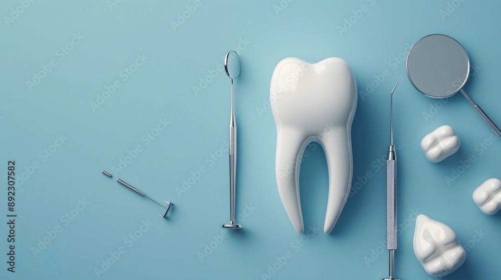 Tooth and dental instruments on blue background. Dental treatment. Dentist tools mirror, hook, tweezers, syringe. Copy space for text. Tooth and dental instruments on blue background. Dental treatment. Dentist tools mirror, hook, tweezers, syringe. Copy space for text.