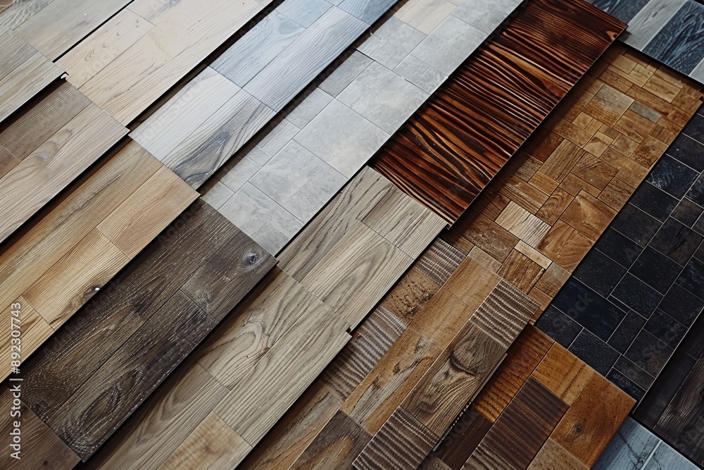 Collection of square vinyl tiles and wood laminate flooring samples ...