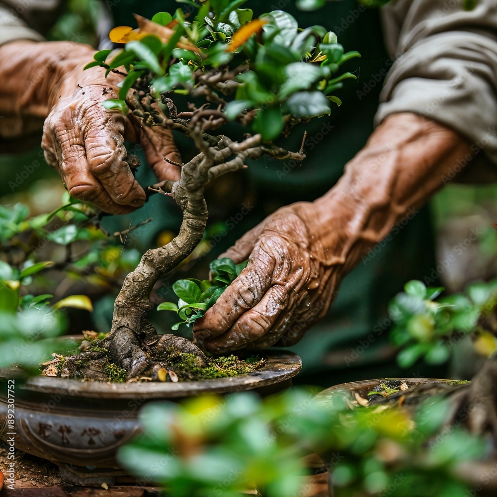 Naklejka premium a person holding a bonsai tree in their hands