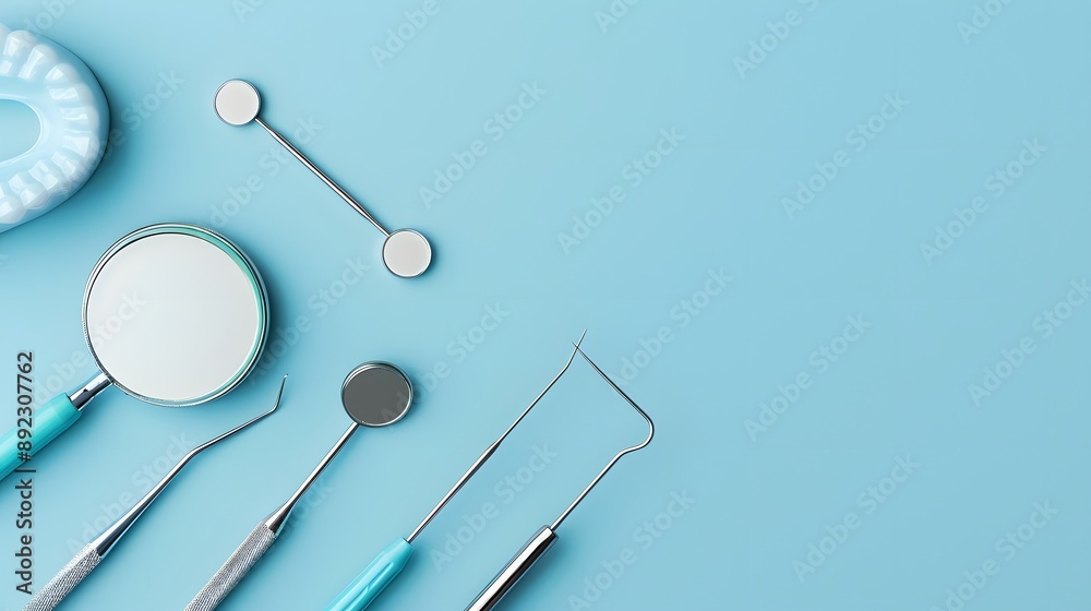 Tooth and dental instruments on blue background. Dental treatment. Dentist tools mirror, hook, tweezers, syringe. Copy space for text. Tooth and dental instruments on blue background. Dental treatment. Dentist tools mirror, hook, tweezers, syringe. Copy space for text.