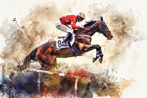 Watercolor painting of a jockey jumping a hurdle on a horse. Concept of equestrian sports, horse racing, watercolor art, athletic competition photo