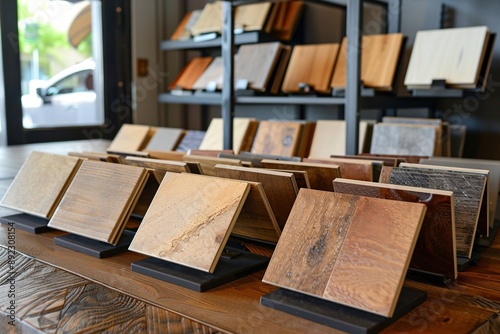 Display of square-shaped wood laminate and vinyl tile samples.