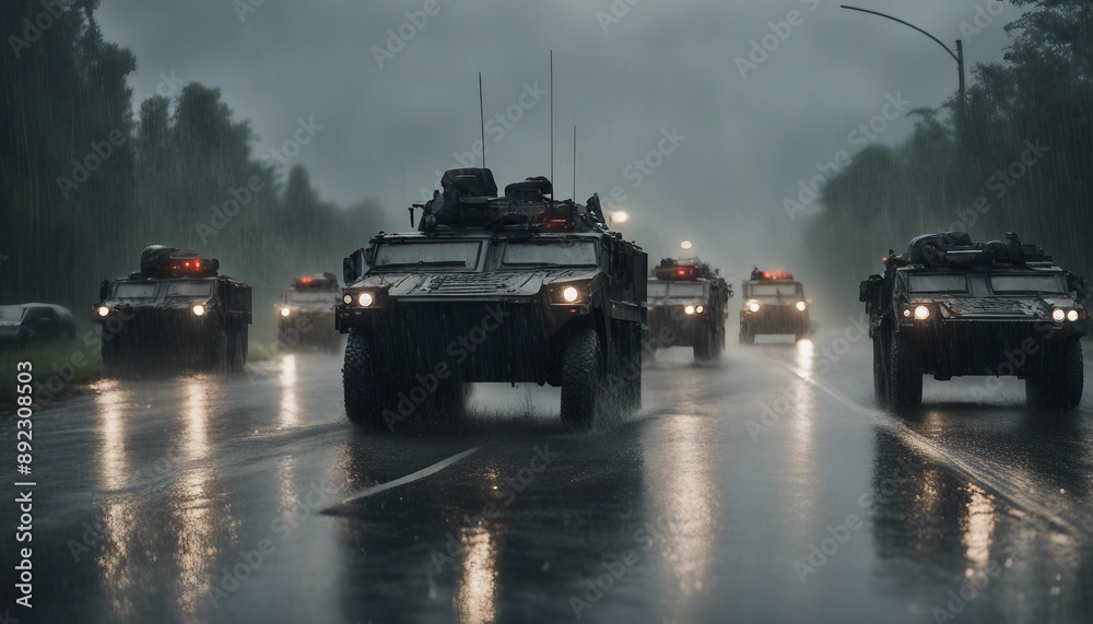 An armored convoy on a rain-soaked road, with puddles splashing and dark, heavy clouds overhead
An armored convoy on a rain-soaked road, with puddles splashing and dark, heavy clouds overhead