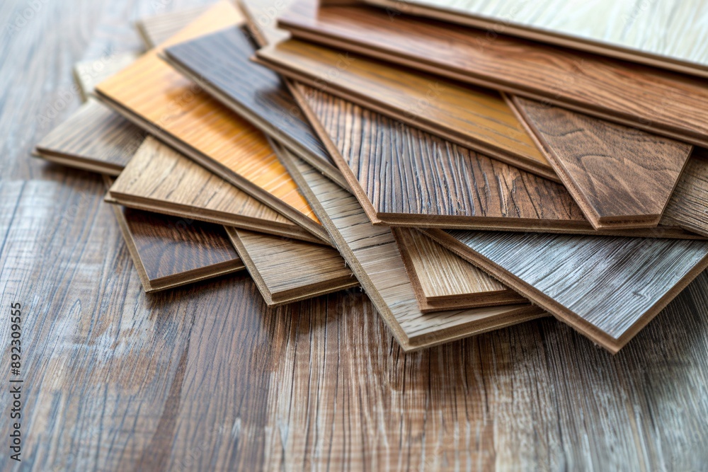 Square samples of wood laminate flooring and vinyl tiles.