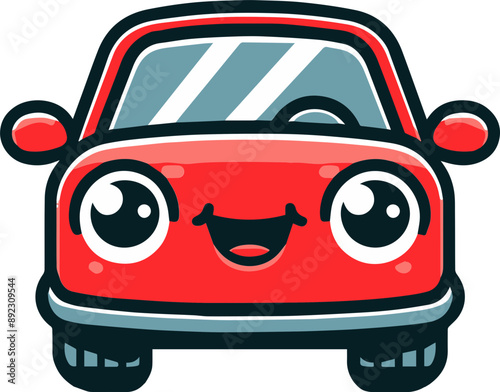 A cute cartoon-style red car with big eyes and a cheerful expression, perfect for children's designs and playful illustrations.