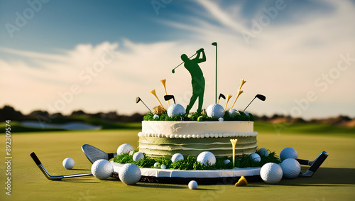 A vibrant and colorful photograph featuring a mouth-watering, multi-tiered birthday cake adorned with edible golf-themed decorations, generative ai