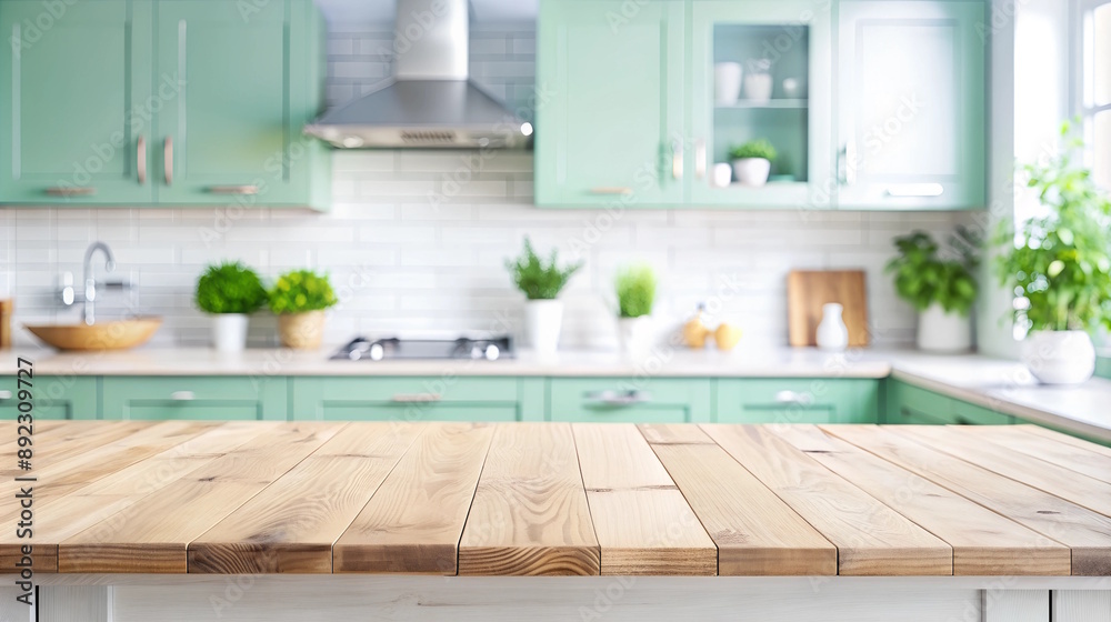 Wood Table top on blur Kitchen counter room background.