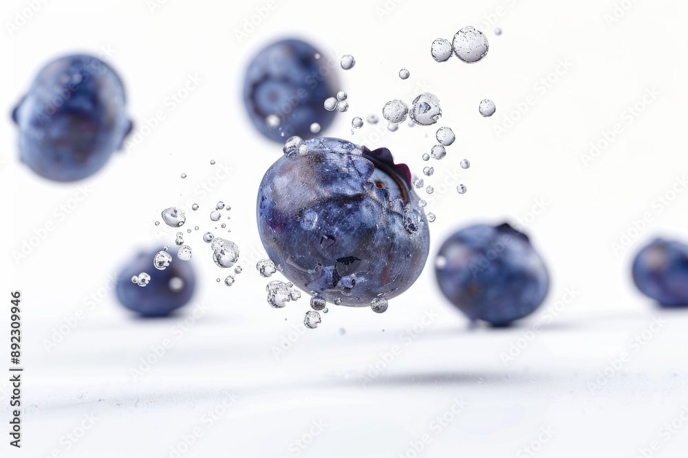 Fresh blueberries fall into calm water, suitable for food and beverage photography or illustrations Fresh blueberries fall into calm water, suitable for food and beverage photography or illustrations