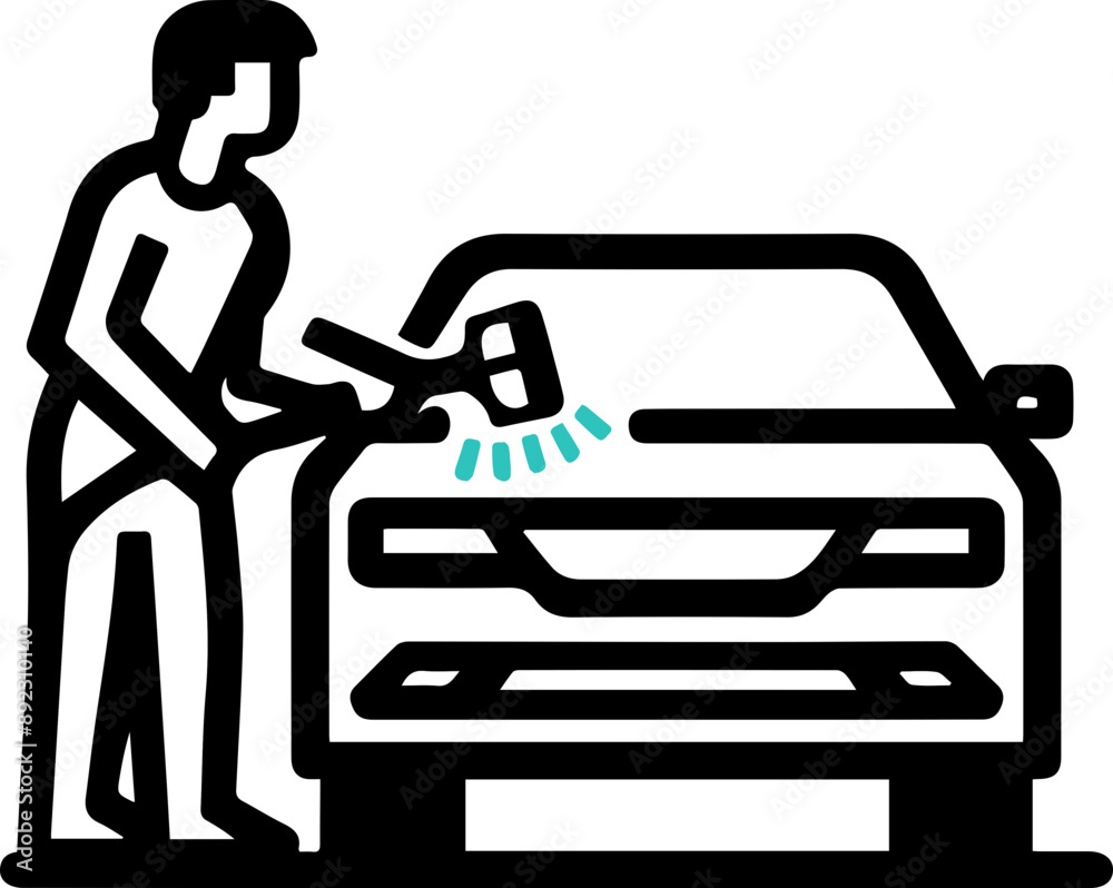 A mechanic inspecting a car, using a hammer to fix dents on the vehicle's body. Auto repair and maintenance concept. A mechanic inspecting a car, using a hammer to fix dents on the vehicle's body. Auto repair and maintenance concept.