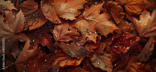 autumn background with dry leaves and raindrops.