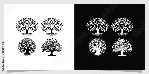 Tree Silhouette Set Illustration Design Various Trees on White Background, Tree Silhouettes
