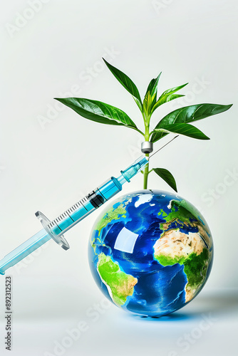 Syringe injecting into a globe with green plant