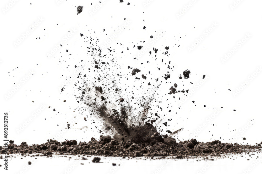 Scattered soil particles forming a starburst pattern in mid-air, set against a white backdrop Scattered soil particles forming a starburst pattern in mid-air, set against a white backdrop