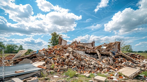 Remnants of demolished structure under cloudy blue sky