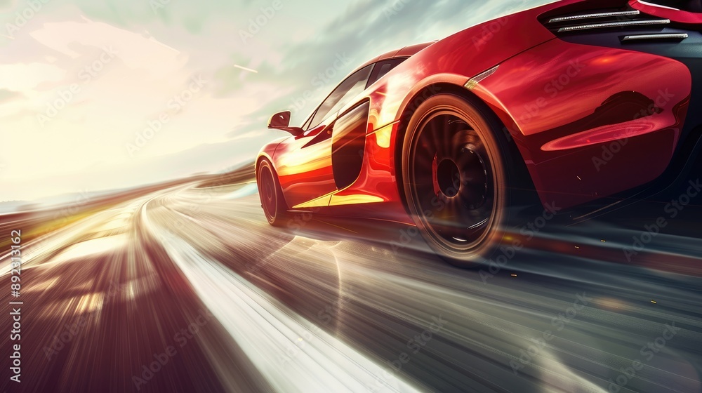 A red sports car is speeding down a road A red sports car is speeding down a road