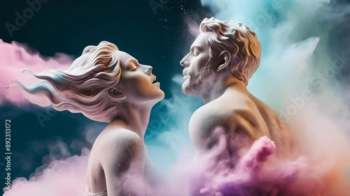 Marble colorful antique sculptures of man kisses woman on dark background. Concept of endless love, mythology, devotion, sacrifice, vamentine's day. AI generated