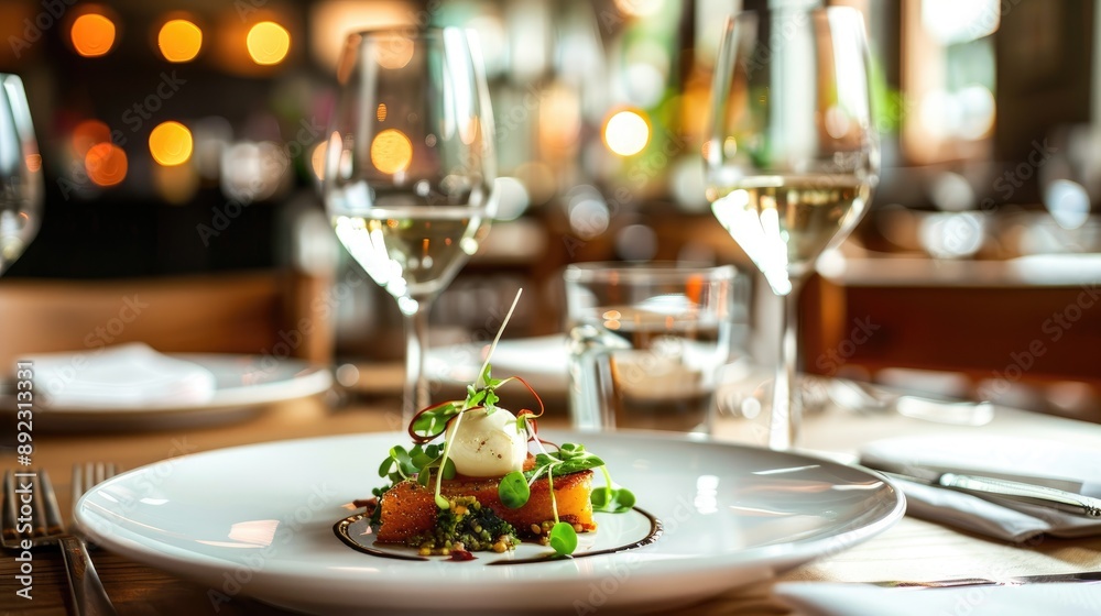 A plate of food with a white plate and two wine glasses on the table A plate of food with a white plate and two wine glasses on the table