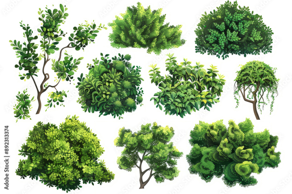 Obraz premium collection of topiary bushes in various shapes and sizes, isolated on white.