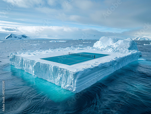 a tennis court built on an iceberg, with a large ice wall and a cloudy sky in the background. photo