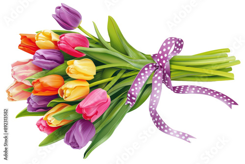 Whimsical wedding bouquet of mixed tulips in bright colors, bound with a polka-dot ribbon, isolated on a white background. #892313582