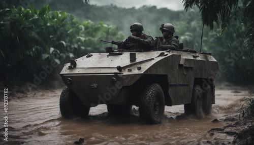 An armored personnel carrier maneuvering through a muddy jungle terrain during the rainy season 