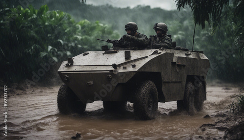 Wallpaper Mural An armored personnel carrier maneuvering through a muddy jungle terrain during the rainy season
 Torontodigital.ca