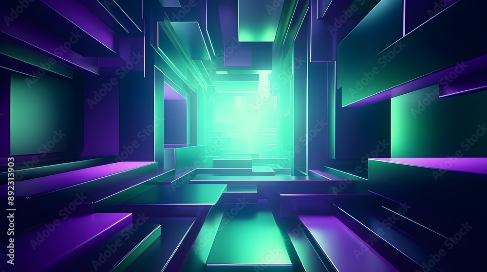 Fototapeta premium 3d rendering of green and purple abstract geometric background. Scene for advertising, technology, showcase, banner, game, sport, cosmetic, business, metaverse. Sci-Fi Illustration. Product display