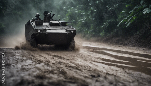 An armored personnel carrier maneuvering through a muddy jungle terrain during the rainy season
 photo
