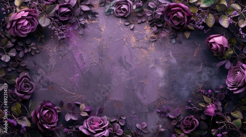 Fototapeta Naklejka Na Ścianę i Meble -  A beautiful arrangement of purple roses and leaves on a deep purple background