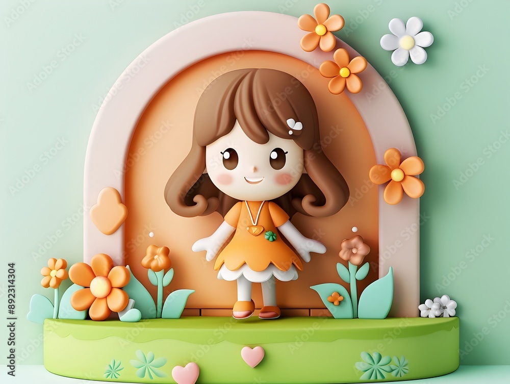 Charming 3D Kawaii Style of a Smiling Asian Girl in a Pastel Floral Scene Charming 3D Kawaii Style of a Smiling Asian Girl in a Pastel Floral Scene