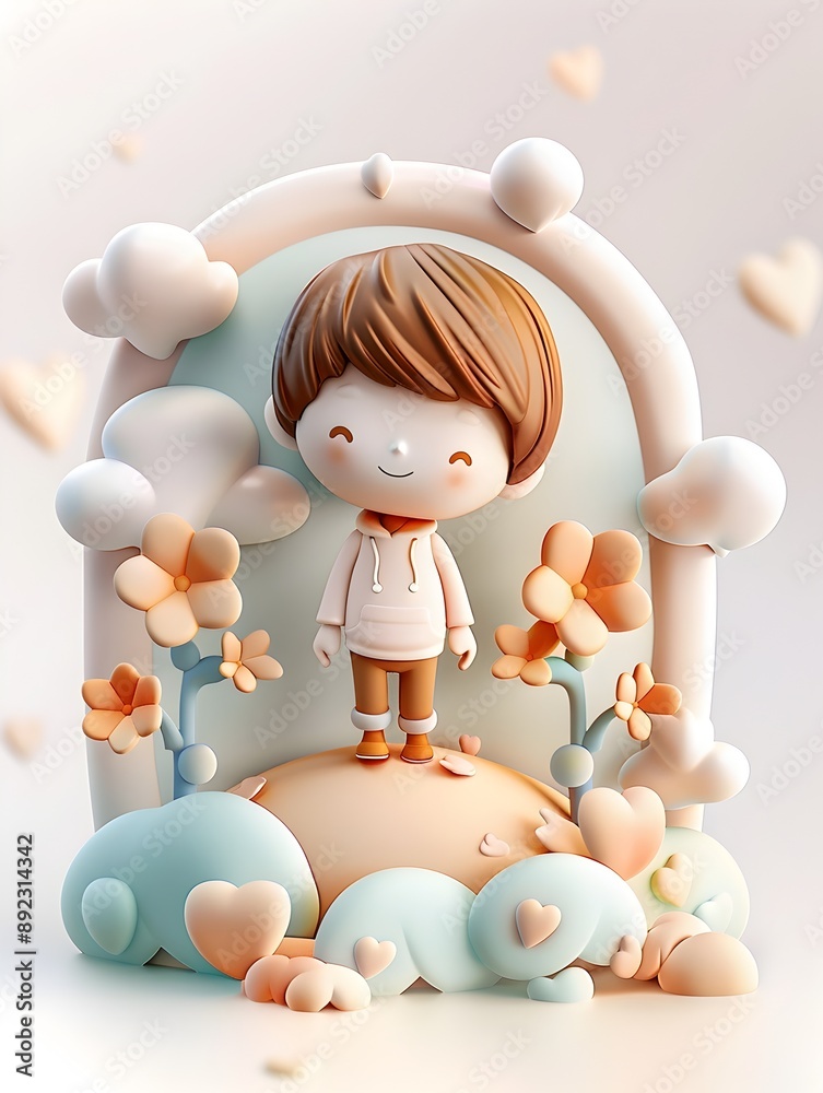 A cheerful 3D rendered Asian boy strolling in a pastel colored flower field with heart accents exuding a whimsical greeting card inspired aesthetic A cheerful 3D rendered Asian boy strolling in a pastel colored flower field with heart accents exuding a whimsical greeting card inspired aesthetic