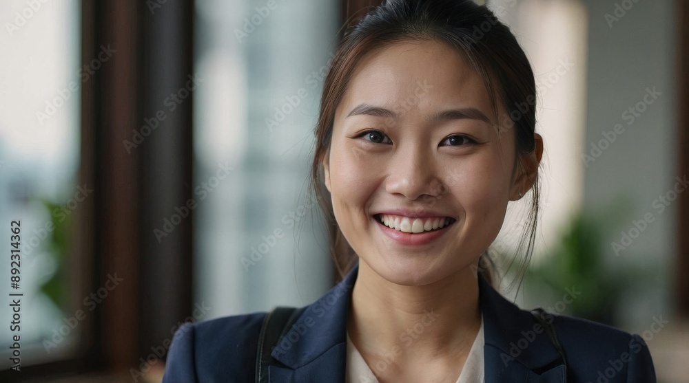 Portrait of happy smiling young Asian girl professional businesswoman in casual attire suit standing in office indoor Portrait of happy smiling young Asian girl professional businesswoman in casual attire suit standing in office indoor