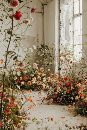 An empty white stage surrounded by flowers that filling up the floors 