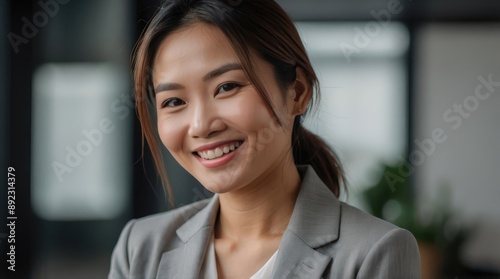 Portrait of happy smiling young Asian girl professional businesswoman in casual attire suit standing in office indoor