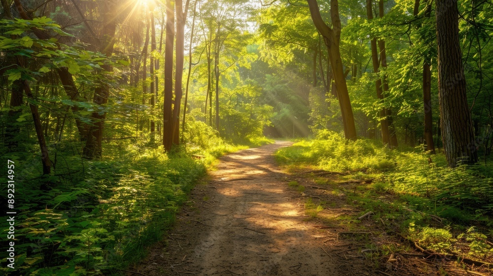 Obraz premium A path through a forest with sunlight shining through the trees