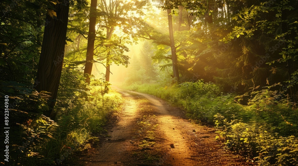 Naklejka premium A forest path is illuminated by the sun, creating a peaceful