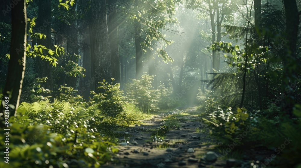 Obraz premium A forest path with sunlight shining through the trees