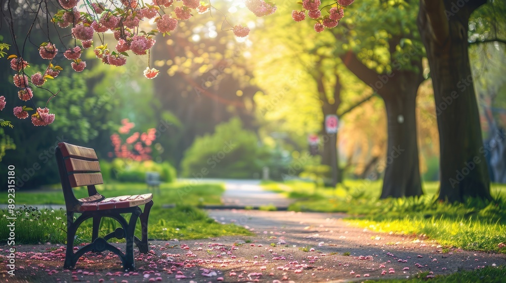 Fototapeta premium A bench is sitting in a park with a path in front of it