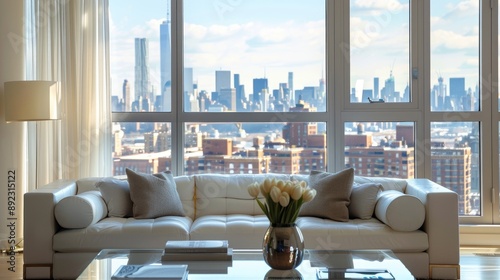 A large white couch is in front of a window with a view of a city