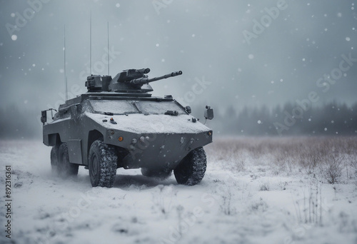 An armored vehicle patrolling a snowy battlefield, under a cold, overcast sky, with heavy snowfall
 photo