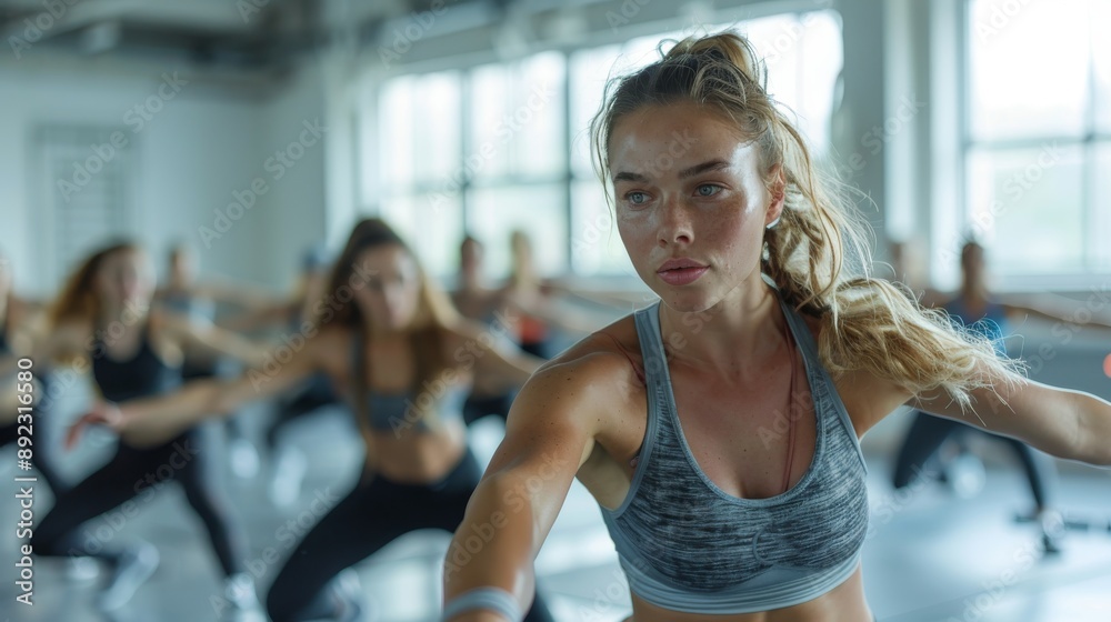 group fitness class in a bright studio, with participants following an instructor through a series of dynamic stretches and exercises group fitness class in a bright studio, with participants following an instructor through a series of dynamic stretches and exercises
