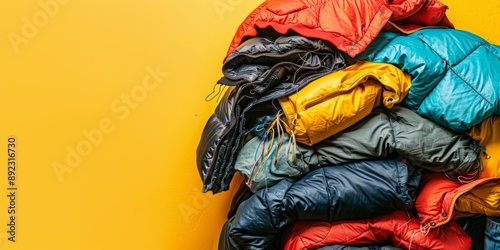 Decluttering and Donation: Abstract Illustration of Discarded Winter Coats on Yellow Background. Conceptual 4K Visualization of Seasonal Wardrobe Change, Minimalism, and Charitable Giving for Communit photo