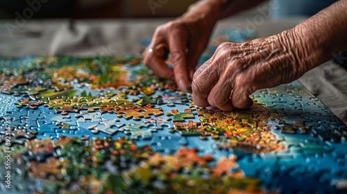 Doing a jigsaw puzzle on a large table with a scenic picture